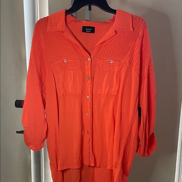 🌟 VICI Bright Orange Oversized Button-Down - Picture 1 of 10